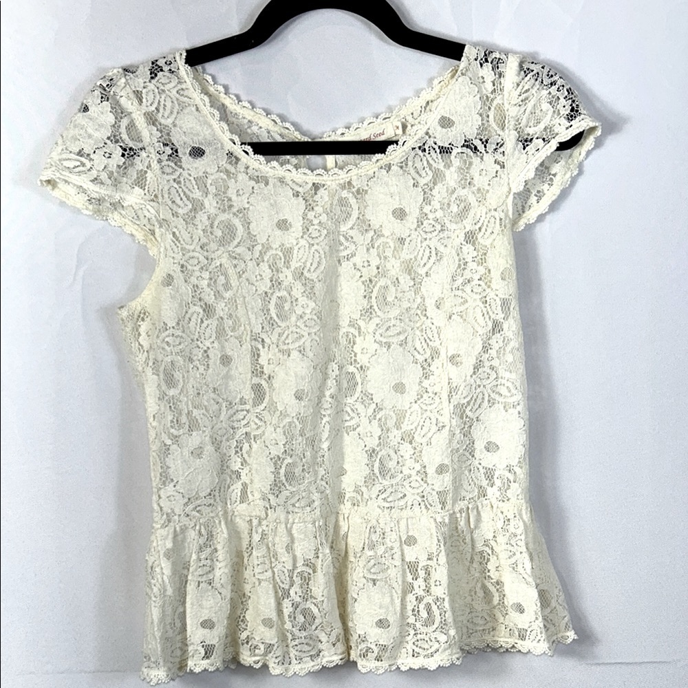 Mustard Seed Cream Lace Peplum Blouse Size Large Excellent Condition - Picture 1 of 6